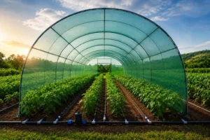 Tunnel shade house Shade house farming Drip irrigation system Greenhouse farming Protected agriculture Modern farming technology Vegetable farming Sustainable agriculture Smart irrigation Water-efficient farming