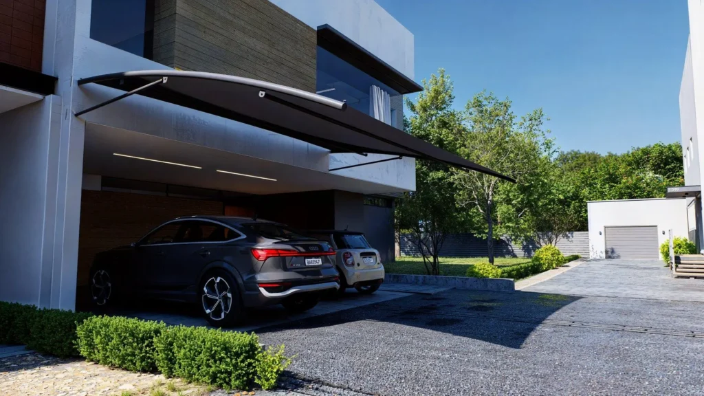 Double-bay wall-mounted car shade Wall-mounted carport Kenya Two-car shade net carport HDPE shade net car shed Steel wall-mounted car shelter Residential double carport Commercial parking canopy UV-treated shade net roofing Attached carport design Modern car shade installation