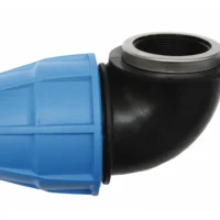 HDPE female elbow coupling with compression fitting and female threaded outlet for irrigation and water supply systems.