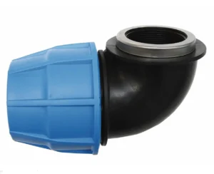 HDPE female elbow coupling with compression fitting and female threaded outlet for irrigation and water supply systems.