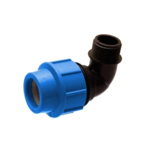 Compression HDPE Male Elbow Coupling for connecting HDPE pipes to threaded fittings at 90 degrees
