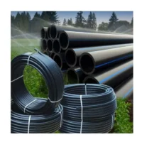 Black HDPE PN6 pipes stacked for irrigation and water distribution