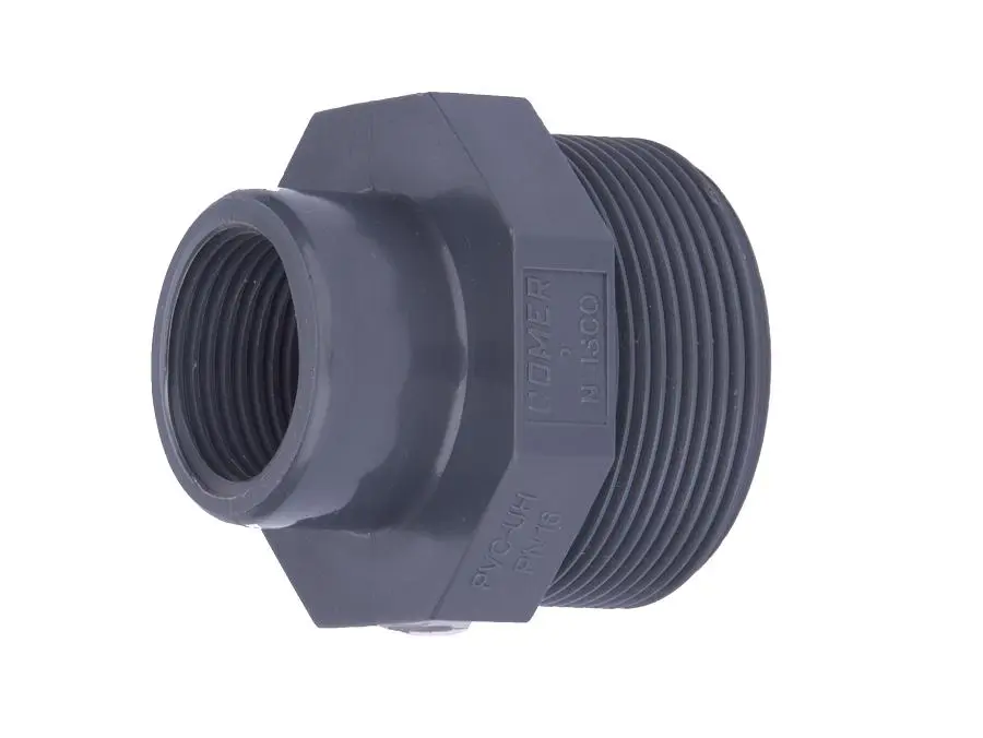 PVC Male / Female Adaptor PN16 used for connecting PVC pipes to threaded valves and fittings in irrigation systems.