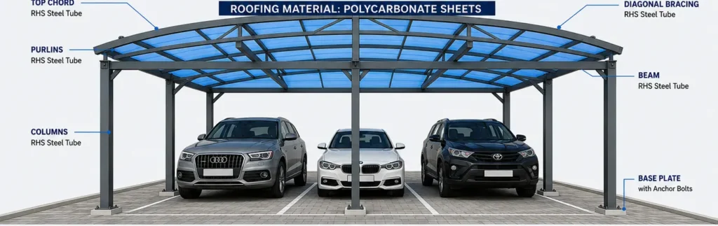 steel framwork of free standing car shade for three cars in kenya