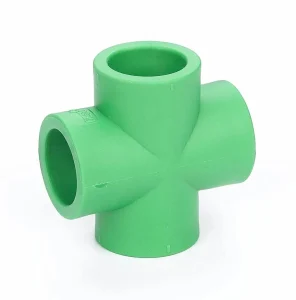 Green PPR Cross Tee with four equal outlets for creating four-way connections in hot and cold water plumbing and irrigation systems.