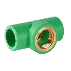 Green PPR Female Tee with brass female threaded insert for connecting PPR pipes to threaded plumbing fixtures in hot and cold water distribution systems.