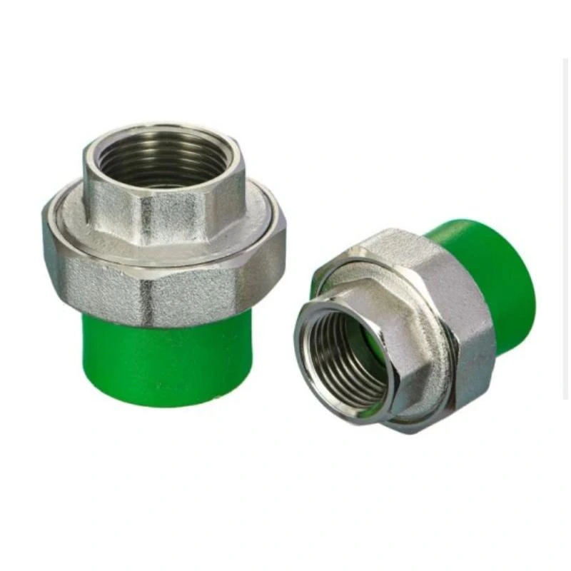 green PPR Female Union with brass female threaded insert for detachable, leak-resistant connections in hot and cold water plumbing systems.