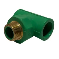 ppr male reducer tee, Green PPR Male Reducer Tee with brass male threaded insert for connecting PPR pipes to threaded plumbing components in water distribution systems.