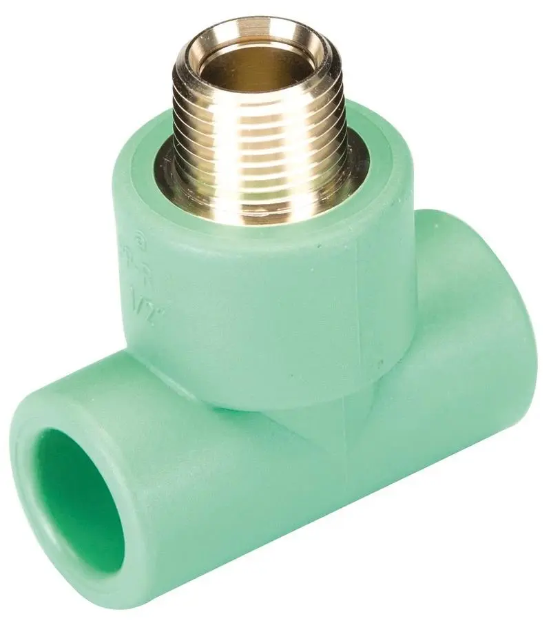 Green PPR Male Reducer Tee with brass male threaded insert for connecting PPR pipes to threaded plumbing components in water distribution systems.