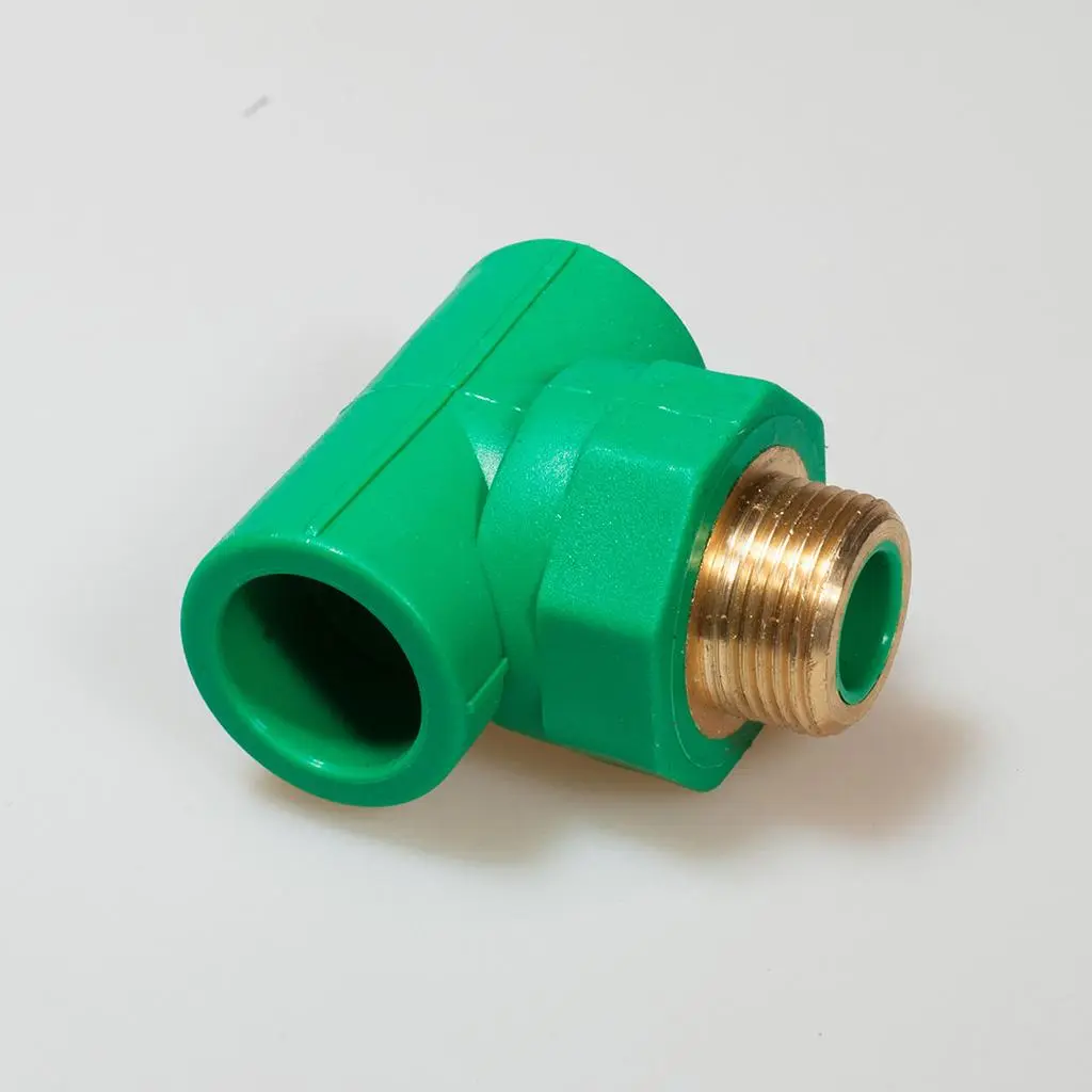 Green PPR Male Reducer Tee with brass male threaded insert for connecting PPR pipes to threaded plumbing components in water distribution systems.